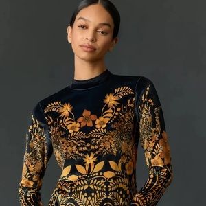 NWT By Anthropologie Long-Sleeve Printed Velvet Mini Dress Black Motif, Medium